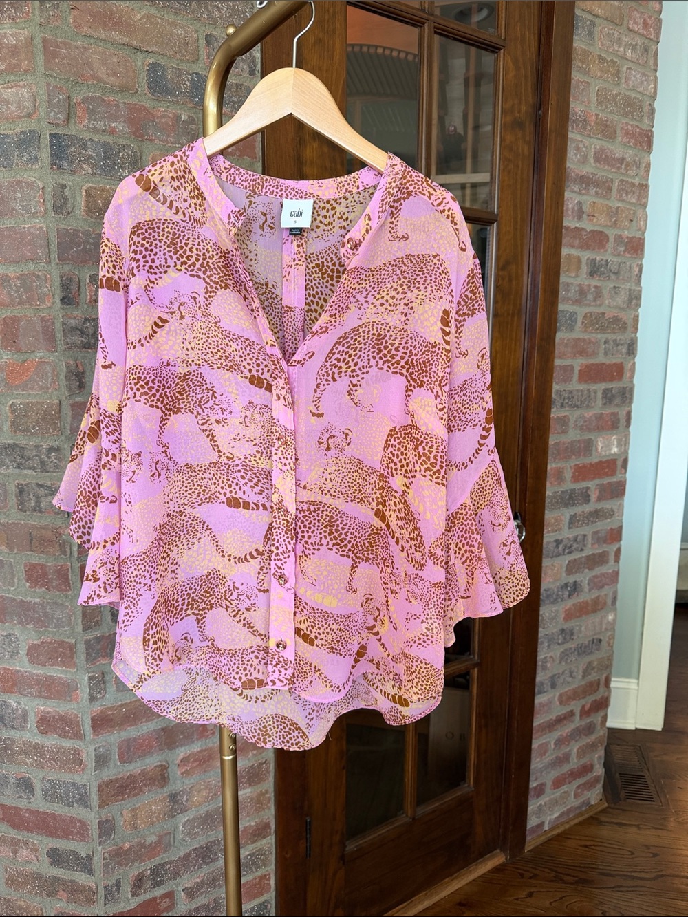 CAbi Pink and Brown Leopard Print Ruffle Button-Front Blouse